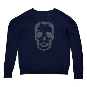 ZADIG & VOLTAIRE Merino Wool Navy Blue SKULL Light V-Neck Sweater Mens Large